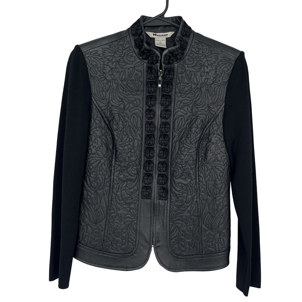 Nygard Leather Sweater Jacket Black Full Zip Embroidered Art Wear Sz Small 6-8